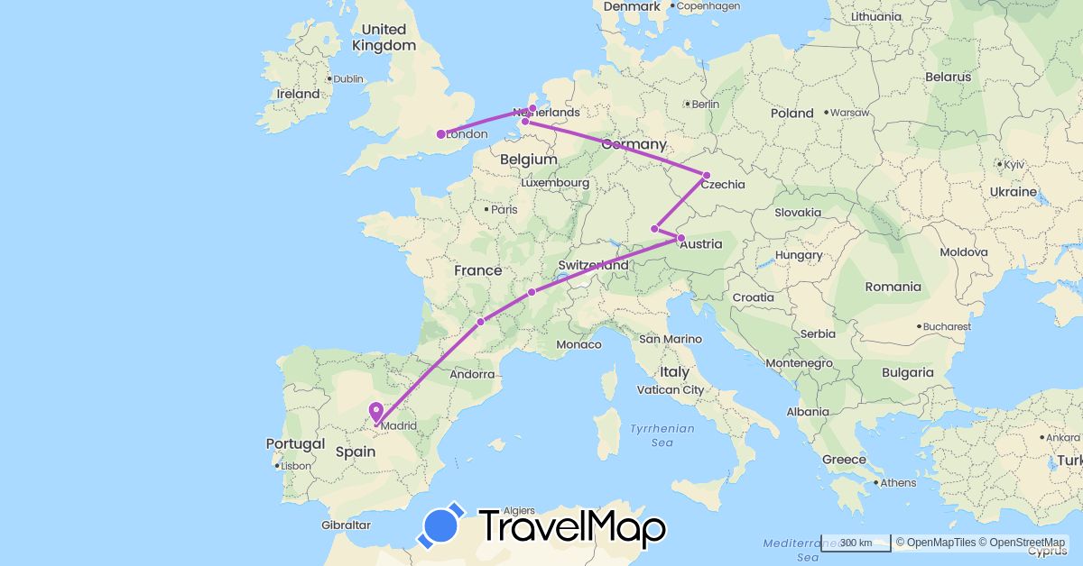 TravelMap itinerary: driving, train in Austria, Czech Republic, Germany, Spain, France, United Kingdom, Netherlands (Europe)